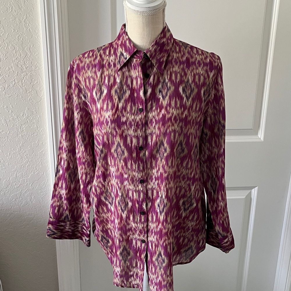 Ralph Lauren Silk Blend Magenta Purple Abstract Patterned Button-up Shirt SZ L